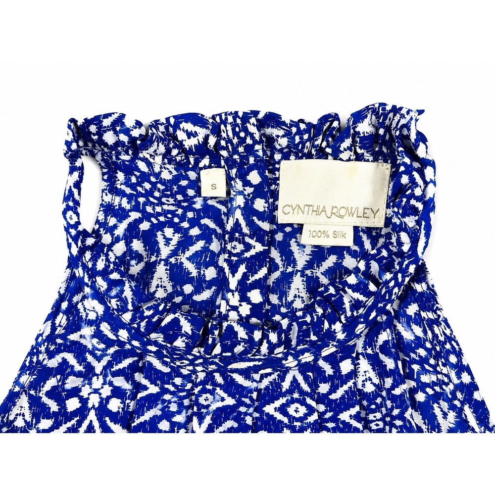 Cynthia Rowley 100% Silk Blouse Size S Blue White Print Ruffle Neck Sleeveless - Picture 5 of 6